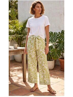 Rachel Zoe Green & White L 100% Linen Tropical Wide-Leg Pants Tie Waist resort